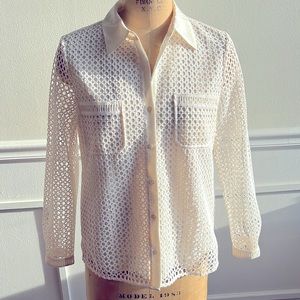 Joie cream colored fishnet blouse with lining and bell sleeve